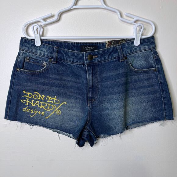 Ed Hardy Y2K Jean Shorts Large Blue Cut-Off "Dual Tigers" Print Denim NWT - Picture 2 of 5